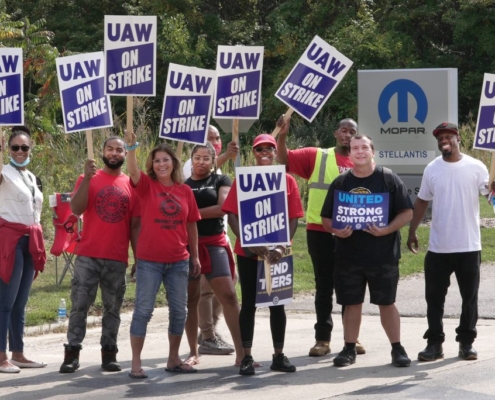 Photo of UAW members on the picket line during last fall's Stand Up Strike.