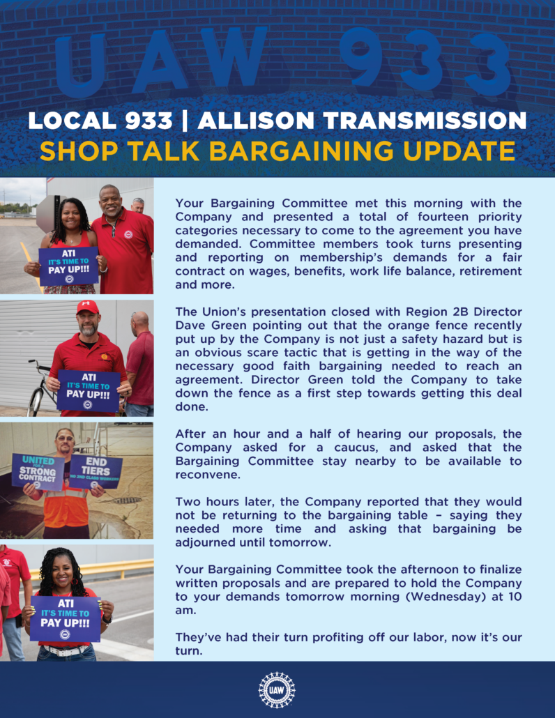 UAW Local 933 - Allison Transmission Main Table Update - 2023/12/12