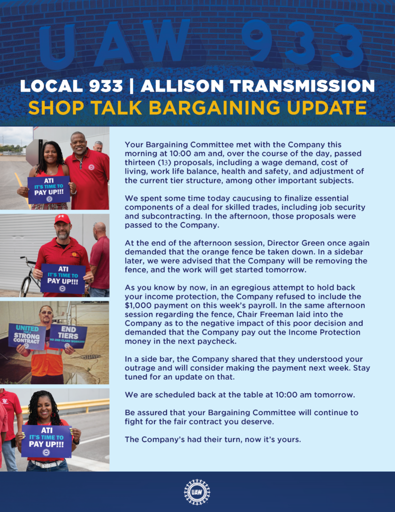 UAW Local 933 - Allison Transmission Main Table Update - 2023/12/13