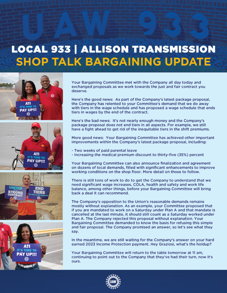UAW Local 933 - Allison Transmission Main Table Update - 2023/12/14