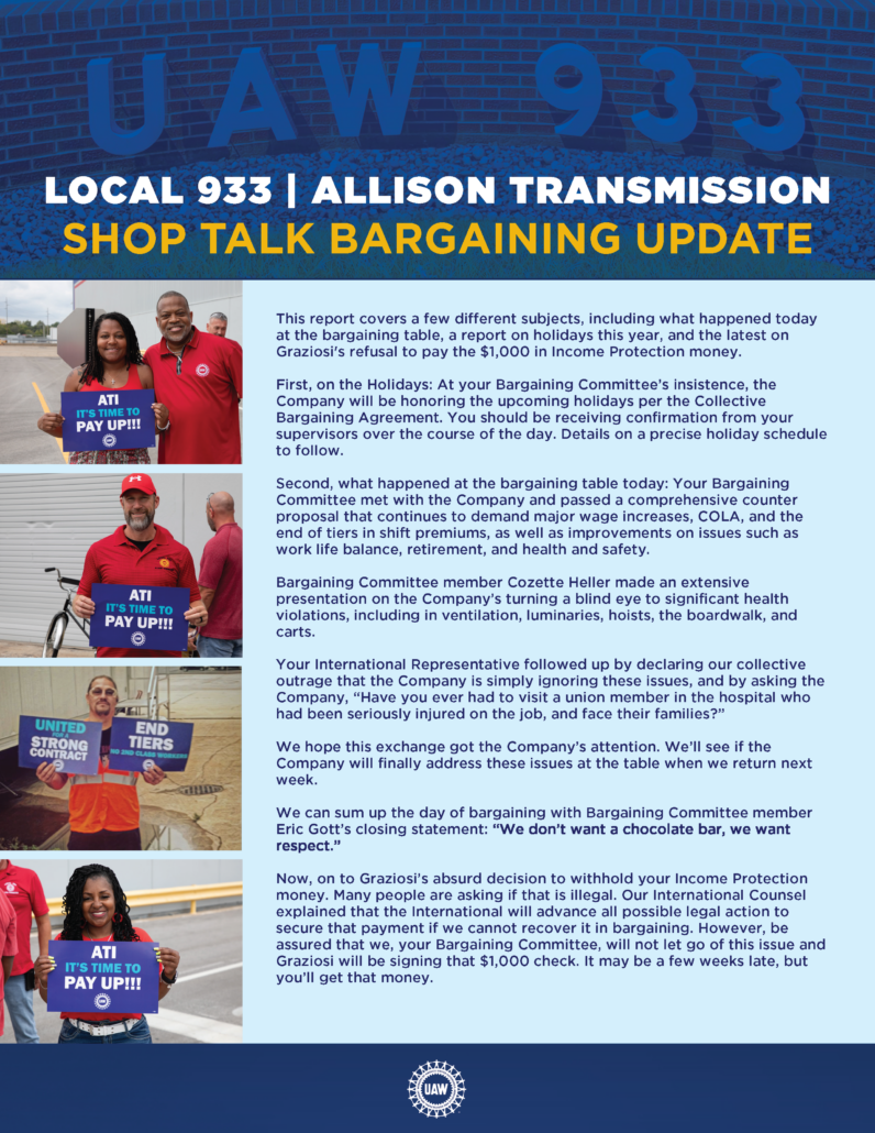 UAW Local 933 - Allison Transmission Main Table Update - 2023/12/15