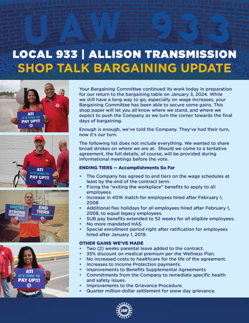 UAW Local 933 - Allison Transmission Main Table Update - 2023/12/22