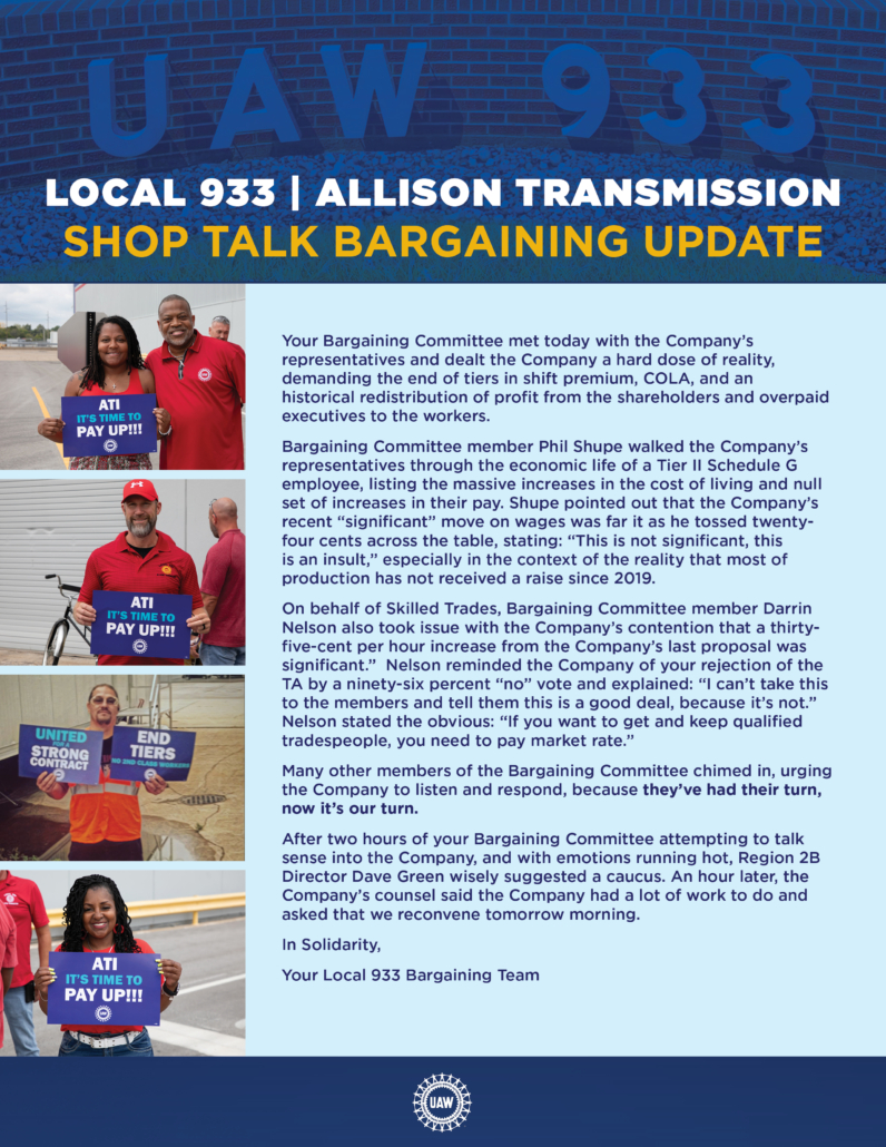 UAW Local 933 - Allison Transmission Main Table Update - 2023/12/20