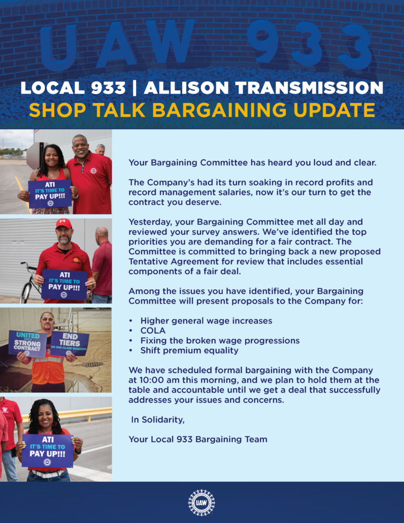 UAW Local 933 - Allison Transmission Main Table Update - 2023/12/11