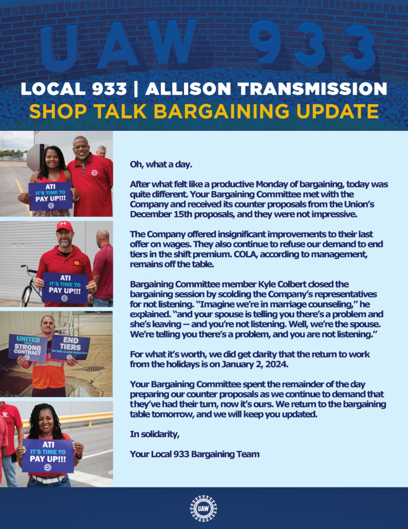 UAW Local 933 - Allison Transmission Main Table Update - 2023/12/19