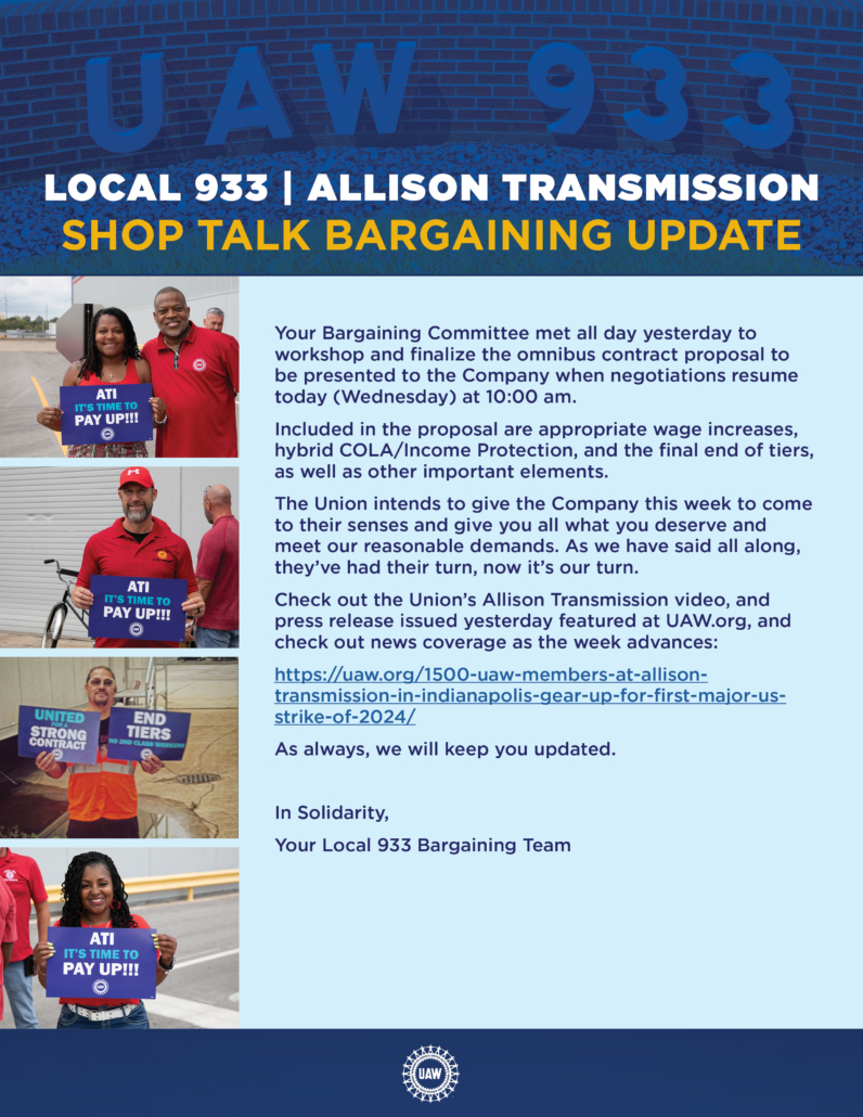 UAW Local 933 - Allison Transmission Main Table Update - 2024/1/3