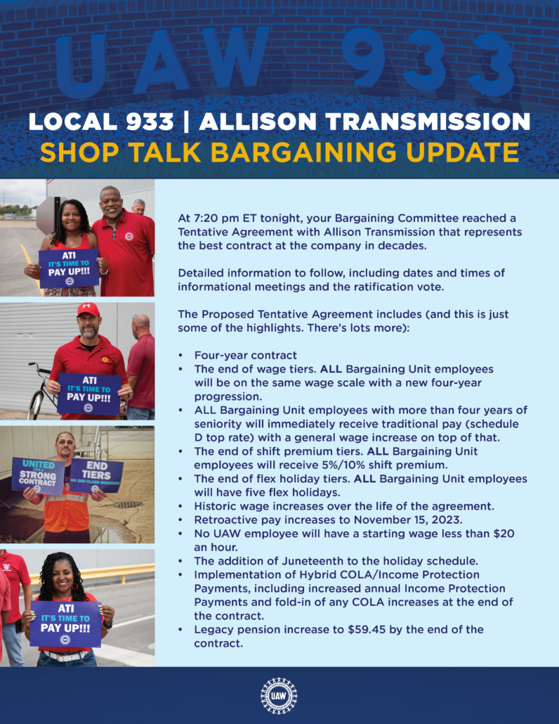 UAW Local 933 - Allison Transmission Main Table Update - 2024/1/5