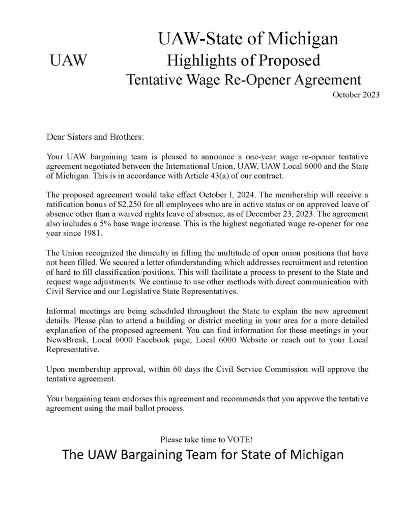 UAW-State of Michigan Highlights of Proposed Tentative Wage Re-Opener Agreement