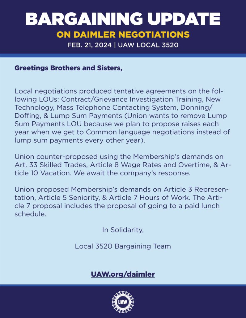 Daimler Local 3520 Bargaining Update Feb 21, 2024