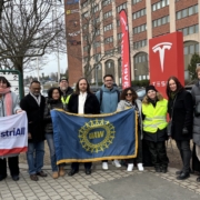 Photo of UAW International Affairs Director Kristyne Peter on the picket line IF Metall members at Tesla in Sweden.