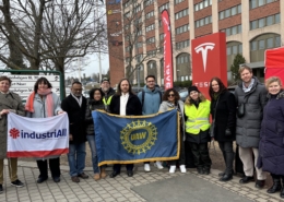 Photo of UAW International Affairs Director Kristyne Peter on the picket line IF Metall members at Tesla in Sweden.