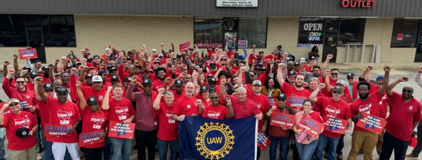Photo of Mercedes-Benz workers in Vance, Alabama with UAW President Shawn Fain and Region 8 Director Tim Smith.