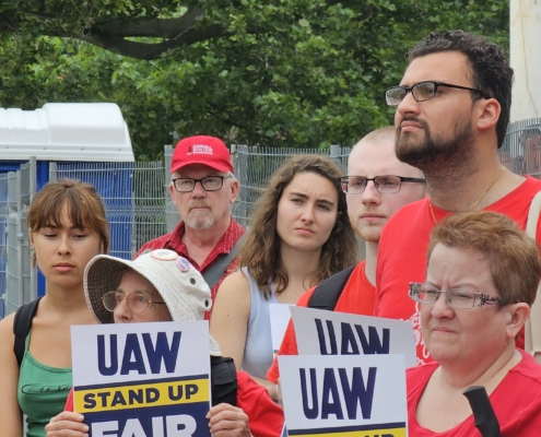 Photo of UAW Local 2300 members holding a rally, demanding a fair contract at Cornell University in Ithaca, NY.