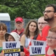 Photo of UAW Local 2300 members holding a rally, demanding a fair contract at Cornell University in Ithaca, NY.