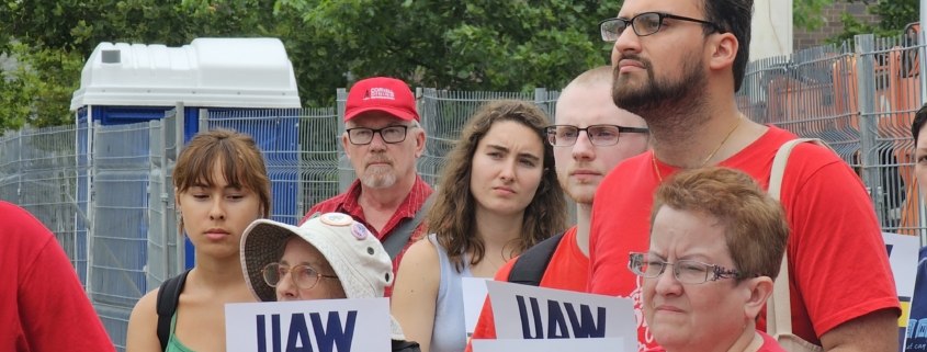 Photo of UAW Local 2300 members holding a rally, demanding a fair contract at Cornell University in Ithaca, NY.