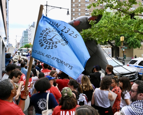 Photo of Local 2325 members and supporters during a June 2024 rally demanding Bronx Defenders negotiate a fair contract.