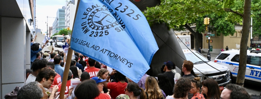 Photo of Local 2325 members and supporters during a June 2024 rally demanding Bronx Defenders negotiate a fair contract.