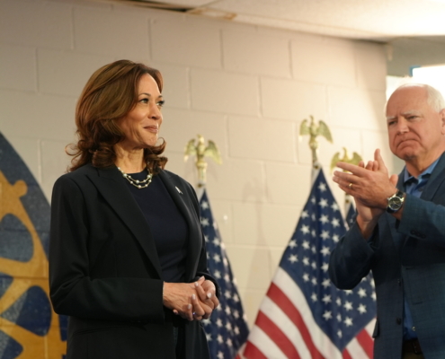 Photo of Vice President Kamala Harris and Minnesota Governor Tim Walz at the UAW Local 900 union hall in Wayne, MI on August 8, 2024.