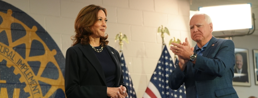 Photo of Vice President Kamala Harris and Minnesota Governor Tim Walz at the UAW Local 900 union hall in Wayne, MI on August 8, 2024.