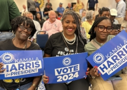 Photo of UAW members at the Local 900 union hall in Wayne, MI, to meet with Vice President Kamala Harris and Minnesota Governor Tim Waltz on August 8, 2024.