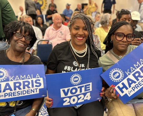 Photo of UAW members at the Local 900 union hall in Wayne, MI, to meet with Vice President Kamala Harris and Minnesota Governor Tim Waltz on August 8, 2024.