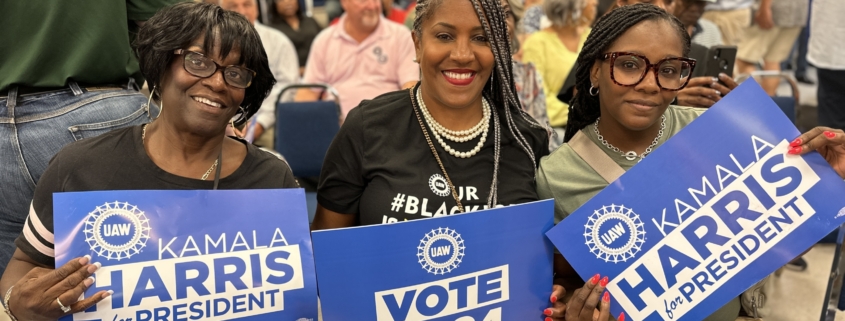 Photo of UAW members at the Local 900 union hall in Wayne, MI, to meet with Vice President Kamala Harris and Minnesota Governor Tim Waltz on August 8, 2024.