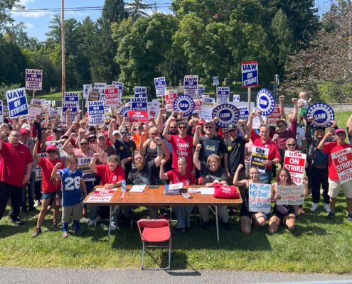 Photo of UAW Local 2300 members on the picket line during their strike at Cornell University.