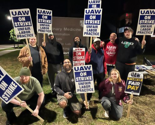 Photo of UAW Local 2300 members on the picket line at Cornell University.