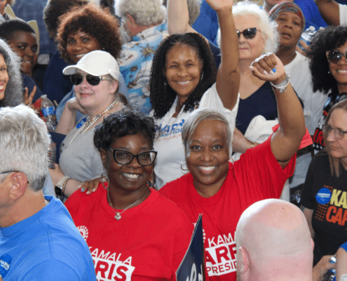 Photo of UAW members and attendees at a Kamala Harris and Tim Walz rally in Detroit.