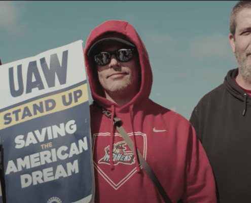 Photo of UAW members on the picket line during the UAW's Stand Up Strike at the Big Three automakers.