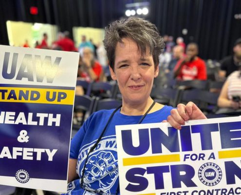 Photo of a UAW member at the VW Bargaining Kickoff Rally in Chattanooga, TN.