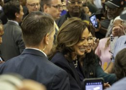 Photo of Vice President Kamala Harris meeting with UAW members at Local 900. Photo by Charles Mitchell.