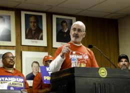 UAW President Shawn Fain addresses attendees at a Keep the Promise Stellantis rally at Local 372 in Trenton, MI.