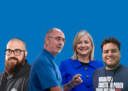 Graphic featuring UAW Region 9 Director Daniel Vicente, UAW President Shawn Fain, Congresswoman Susan Wild, and Region 9A Director Brandon Mancilla.