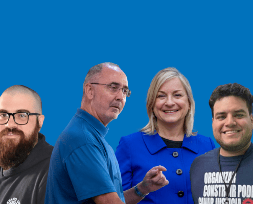 Graphic featuring UAW Region 9 Director Daniel Vicente, UAW President Shawn Fain, Congresswoman Susan Wild, and Region 9A Director Brandon Mancilla.