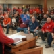 Photo of UAW President Shawn Fain addressing Local 933 members during a rally ahead of the union's contract expiring at Rolls-Royce in Indianapolis, IN.