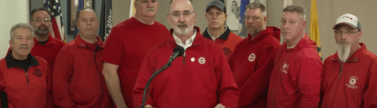 Screenshot of UAW President Shawn Fain, Region 2B Director Dave Green, and the Local 933 Bargaining Committee during a Facebook Live announcing that a tentative agreement had been reached with Rolls-Royce in Indianapolis, IN.
