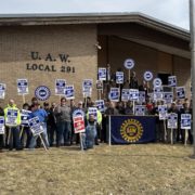 Photo of UAW Local 291 members who work at Cummins in Oshkosh, WI, on strike on March 18, 2025.