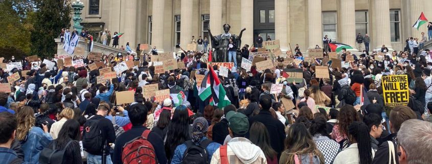 Photo of UAW members at the University of Columbia peacefully protesting the war in Gaza in October, 2023.