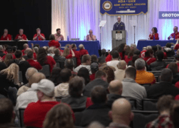 Screenshot of UAW President Shawn Fain addressing Local 571 members at a rally calling on General Dynamics Electric Boat to offer a record contract on April 14, 2025.