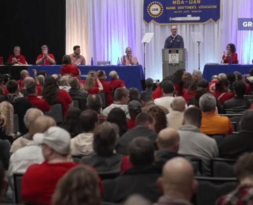 Screenshot of UAW President Shawn Fain addressing Local 571 members at a rally calling on General Dynamics Electric Boat to offer a record contract on April 14, 2025.