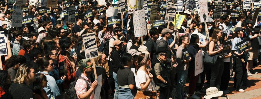 Photo of protestors at the University of California Berkeley for the Kill the Cuts National Day of Action on April 8, 2025.