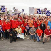 Photo of UAW Local 571 members and supporters during a rally leading up to the expiration of workers' General Dynamics-Electric Boat contract in Groton, CT.