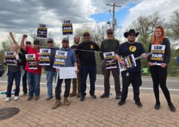Photo of UAW Local 766 members on the picket line at Lockheed Martin in Colorado on May 1, 2025.