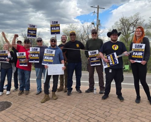 Photo of UAW Local 766 members on the picket line at Lockheed Martin in Colorado on May 1, 2025.