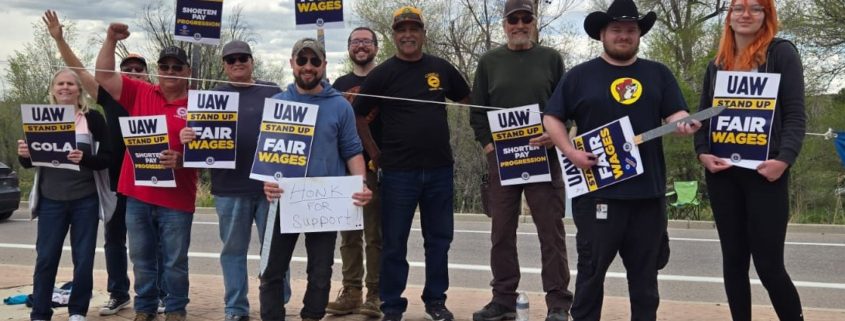 Photo of UAW Local 766 members on the picket line at Lockheed Martin in Colorado on May 1, 2025.