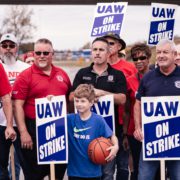 Photo of UAW Local 1853 members on strike at GM Spring Hill during the union's 2023 Stand Up Strike.