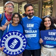 Photo of Zohran Mamdani with UAW members during the NYC mayoral primary for the Democratic Party on June 24, 2025.