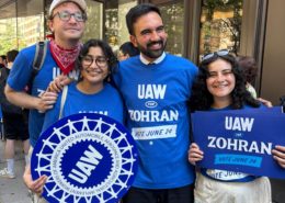 Photo of Zohran Mamdani with UAW members during the NYC mayoral primary for the Democratic Party on June 24, 2025.