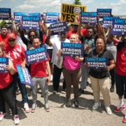 Photo of UAW Local 653 members rallying for a fair contract at Challenge Manufacturing in Pontiac, MI.
